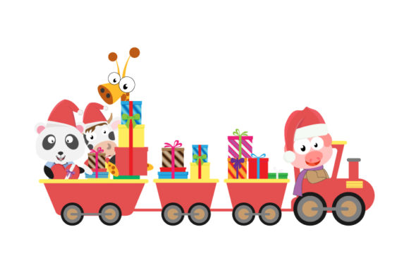 Cute Animal Cartoon with Train and Gift: Your Whimsical Design Asset