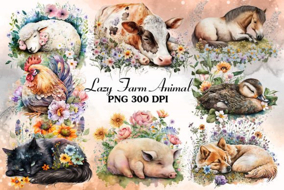 Lazy Farm Animal Sleeping Clipart: A Whimsical Design Asset