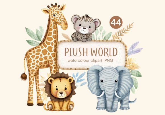 Plush World, Baby Animal Watercolor PNG: Soft Illustrations for Modern Design